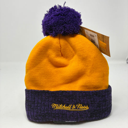 NBA Mitchell & Ness Lakers Two Tone Pom Beanie Yellow and Purple HWC Beanie OSFA
