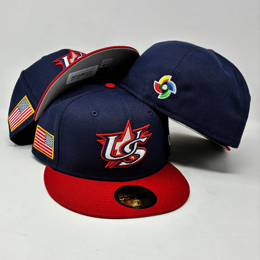 59Fifty USA 2026 World Baseball Classic Navy Blue and Red Cap US Flag- Gray UV