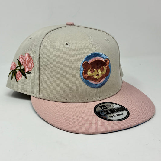9Fifty Chicago Cubs Chrome Light Khaki Pink Brim Pink Rose Cap- Columbia Blue UV