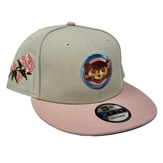 9Fifty Chicago Cubs Chrome Light Khaki Pink Brim Pink Rose Cap- Columbia Blue UV