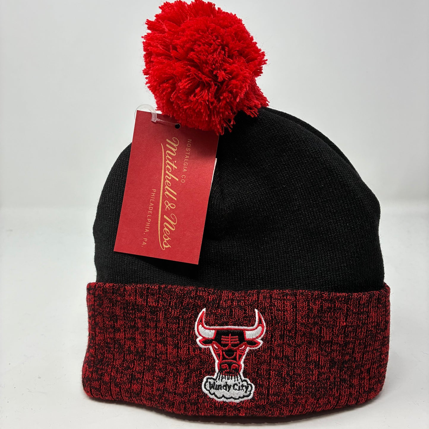 NBA Mitchell & Ness Chicago Bulls Two Tone Red and Black Pom Beanie HWC OSFA
