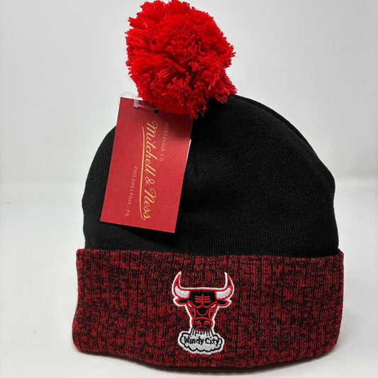 NBA Mitchell & Ness Chicago Bulls Two Tone Red and Black Pom Beanie HWC OSFA