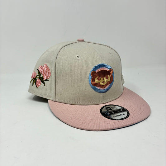 9Fifty Chicago Cubs Chrome Light Khaki Pink Brim Pink Rose Cap- Columbia Blue UV