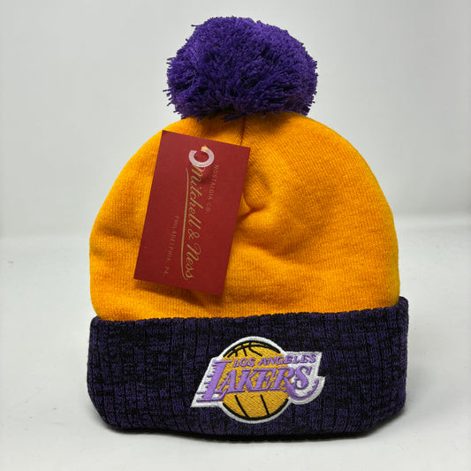 NBA Mitchell & Ness Lakers Two Tone Pom Beanie Yellow and Purple HWC Beanie OSFA
